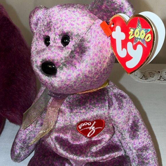 TY Signature Bear 2000 Beanie Baby & Beanie Buddy Set – Millennium Burgundy Plus - Picture 3 of 10